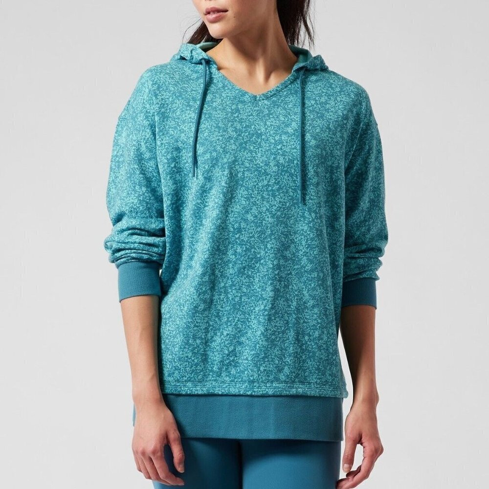 ATHLETA Sundown Alliance Hoodie Sweatshirt Womens Small Teal Floral Pullover